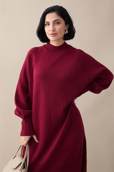 Uzun Balon Kol Bordo Triko Elbise