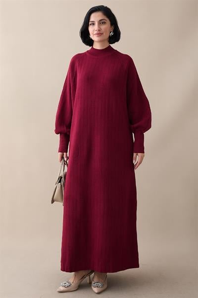 Uzun Balon Kol Bordo Triko Elbise