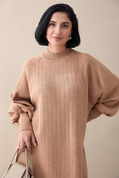 Uzun Balon Kol Camel Triko Elbise