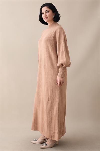 Uzun Balon Kol Camel Triko Elbise