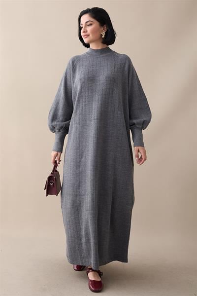 Uzun Balon Kol Füme Triko Elbise