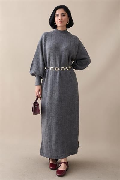 Uzun Balon Kol Füme Triko Elbise