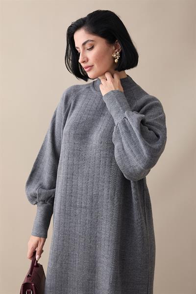 Uzun Balon Kol Füme Triko Elbise