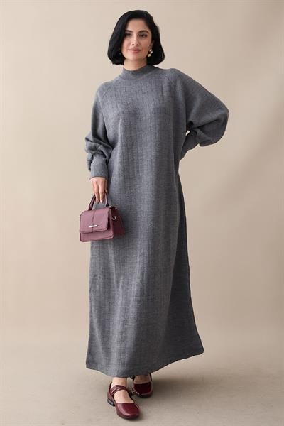 Uzun Balon Kol Füme Triko Elbise