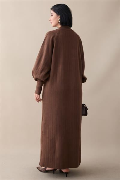 Uzun Balon Kol Kahverengi Triko Elbise