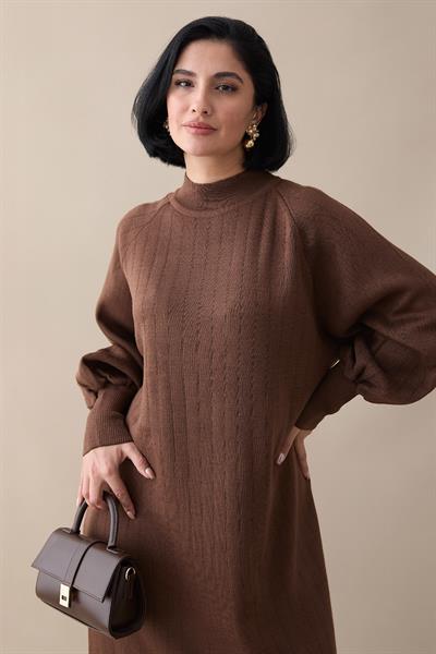 Uzun Balon Kol Kahverengi Triko Elbise