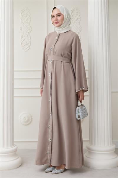 Uzun Çiçek Taş Detay Ferace Bej