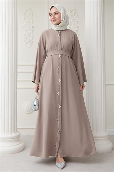 Uzun Çiçek Taş Detay Ferace Bej