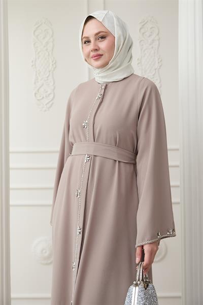 Uzun Çiçek Taş Detay Ferace Bej