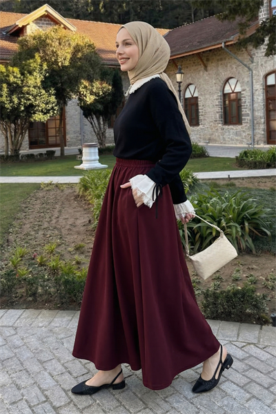 Uzun Kloş Cepli Bordo Duble Kumaş Etek
