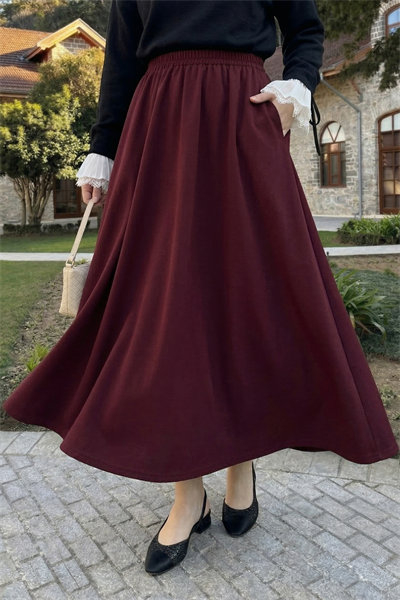 Uzun Kloş Cepli Bordo Duble Kumaş Etek