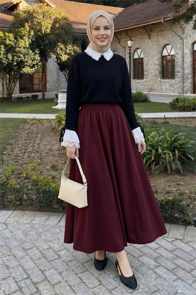 Uzun Kloş Cepli Bordo Duble Kumaş Etek