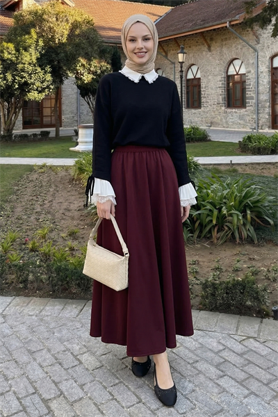 Uzun Kloş Cepli Bordo Duble Kumaş Etek