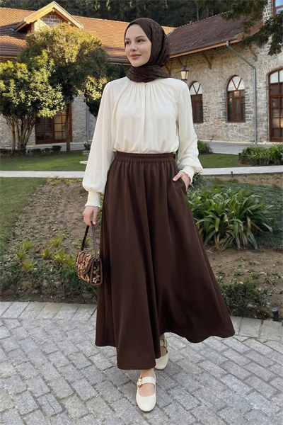 Uzun Kloş Cepli Kahverengi Duble Kumaş Etek