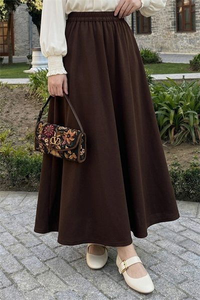 Uzun Kloş Cepli Kahverengi Duble Kumaş Etek