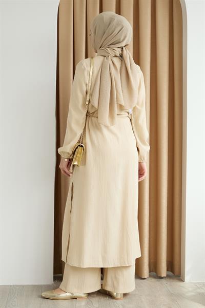 Uzun Tunikli Pantolonlu Kaş Bej Takım