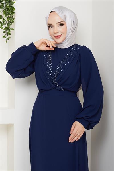 V Yaka İncili Lacivert Şifon Abiye