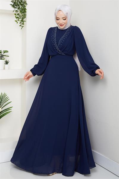 V Yaka İncili Lacivert Şifon Abiye