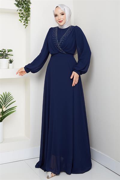 V Yaka İncili Lacivert Şifon Abiye