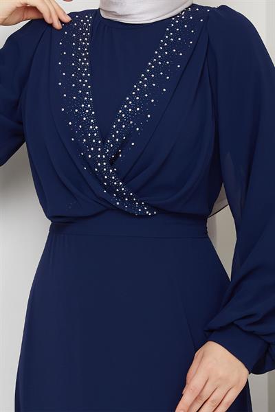 V Yaka İncili Lacivert Şifon Abiye