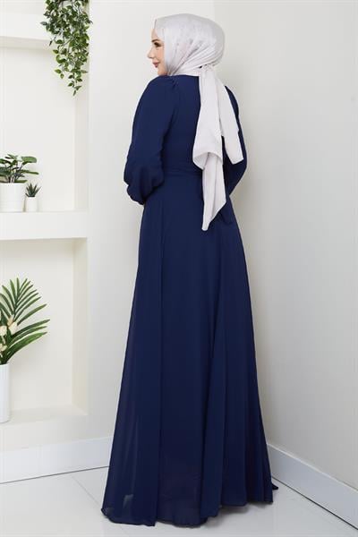 V Yaka İncili Lacivert Şifon Abiye