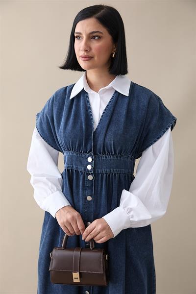 V Yaka Koyu Mavi Kot Elbise