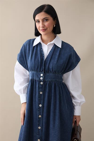 V Yaka Koyu Mavi Kot Elbise