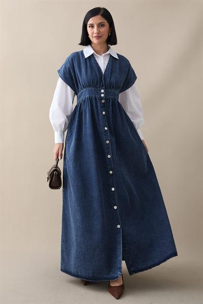 V Yaka Koyu Mavi Kot Elbise