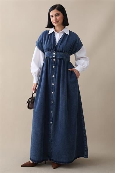 V Yaka Koyu Mavi Kot Elbise