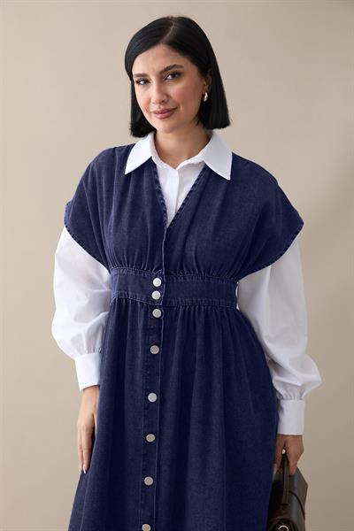 V Yaka Lacivert Kot Elbise