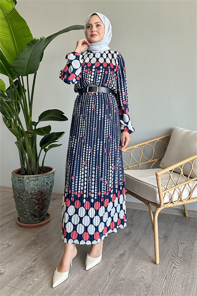 Vena Puantiyeli Şifon Elbise - Fuşya