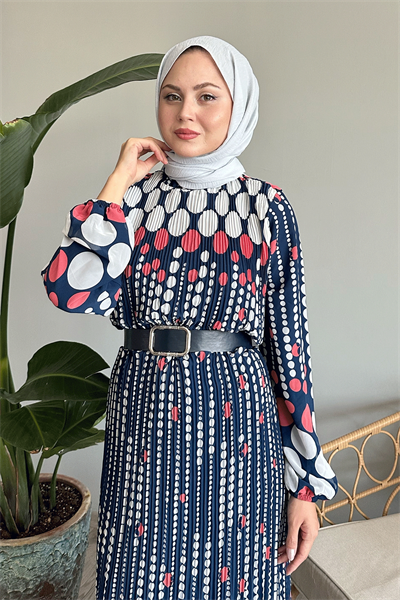 Vena Puantiyeli Şifon Elbise - Fuşya