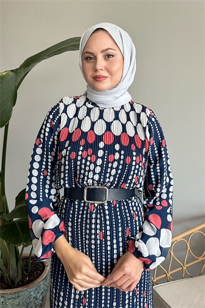 Vena Puantiyeli Şifon Elbise - Fuşya