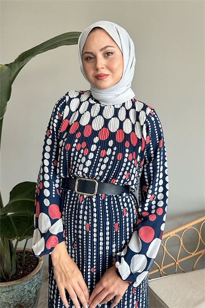 Vena Puantiyeli Şifon Elbise - Fuşya