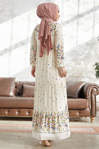 Verya Yakası Bağcıklı Viskon Elbise - Ekru