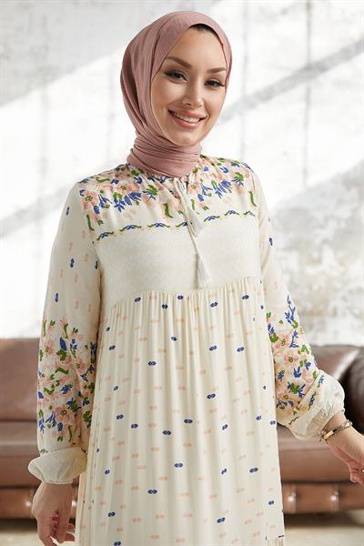 Verya Yakası Bağcıklı Viskon Elbise - Ekru