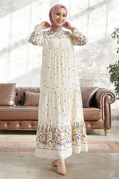 Verya Yakası Bağcıklı Viskon Elbise - Ekru