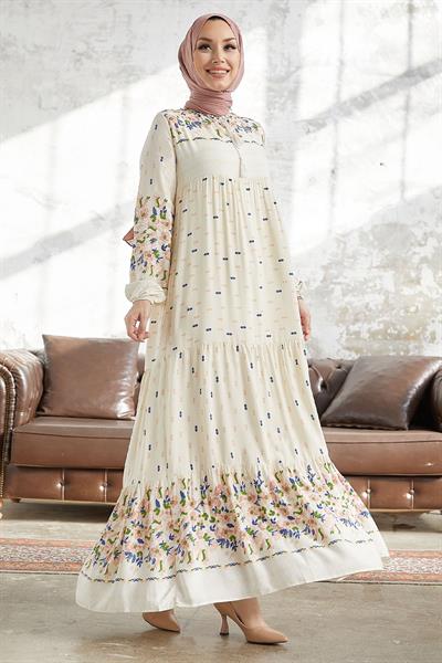 Verya Yakası Bağcıklı Viskon Elbise - Ekru