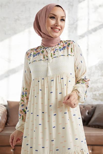 Verya Yakası Bağcıklı Viskon Elbise - Ekru