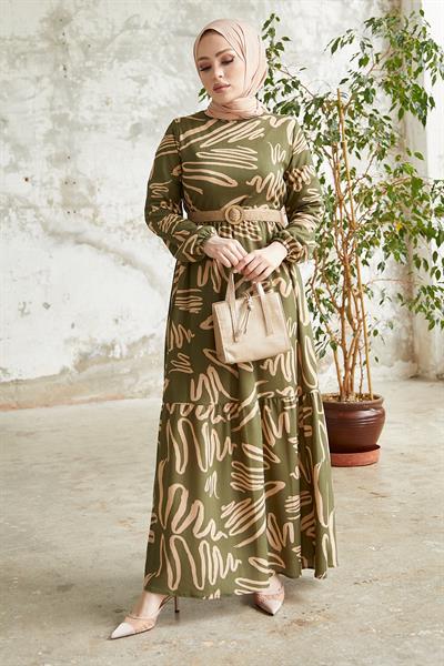 Vesa Desenli Hasır Kemerli Haki Elbise