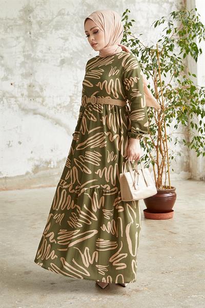 Vesa Desenli Hasır Kemerli Haki Elbise