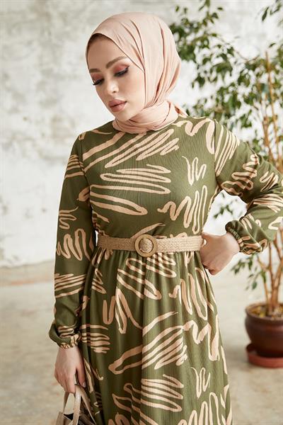 Vesa Desenli Hasır Kemerli Haki Elbise