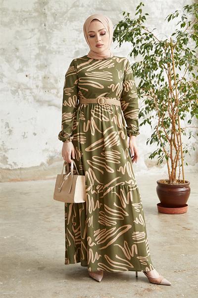 Vesa Desenli Hasır Kemerli Haki Elbise