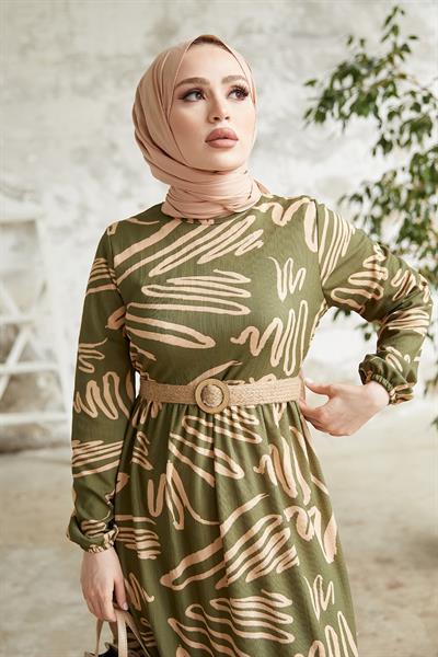 Vesa Desenli Hasır Kemerli Haki Elbise