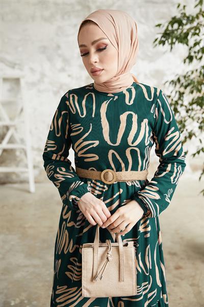 Vesa Desenli Hasır Kemerli Petrol Yeşili Elbise