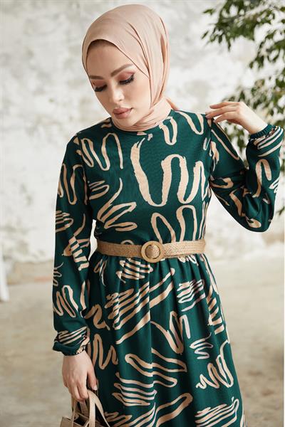 Vesa Desenli Hasır Kemerli Petrol Yeşili Elbise