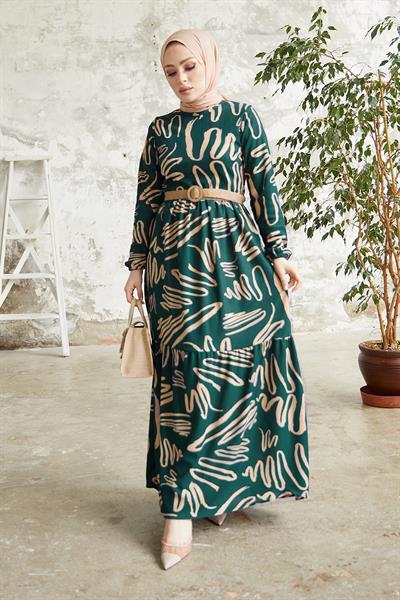 Vesa Desenli Hasır Kemerli Petrol Yeşili Elbise