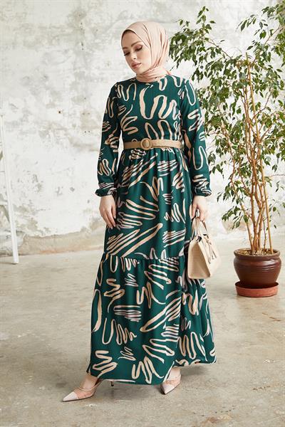 Vesa Desenli Hasır Kemerli Petrol Yeşili Elbise
