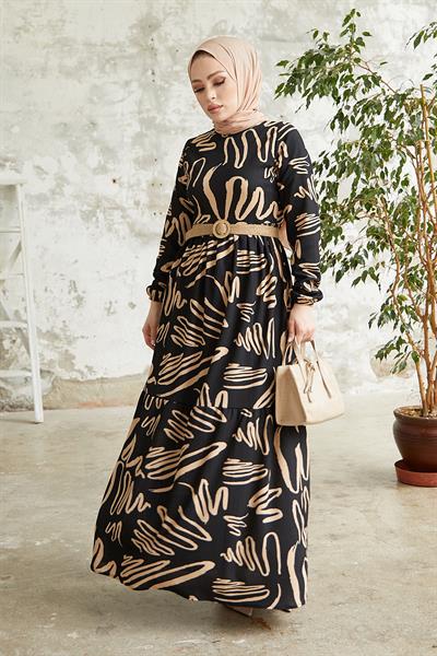 Vesa Desenli Hasır Kemerli Siyah Elbise