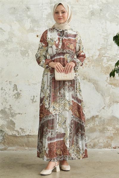 Viera Şal Desenli Yakası Kuşaklı Beyaz Şifon Elbise